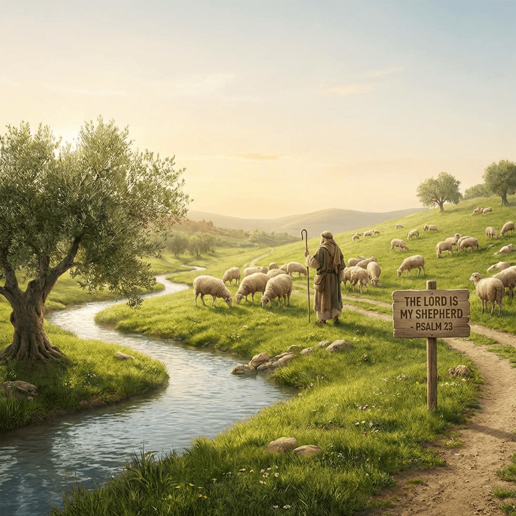 Shepherd with sheep by a stream and a sign: THE LORD IS MY SHEPHERD - PSALM 23.