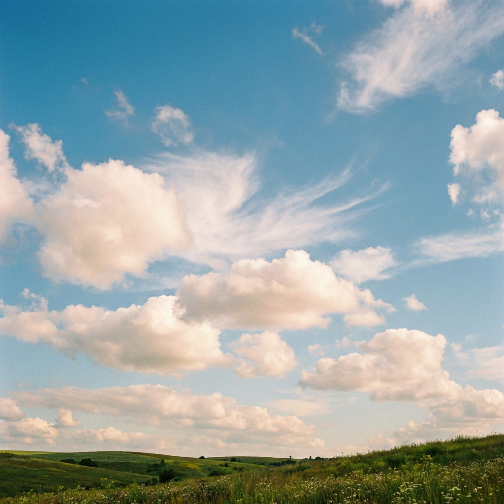 Fluffy white clouds in a bright blue sky over green rolling hills and meadows.